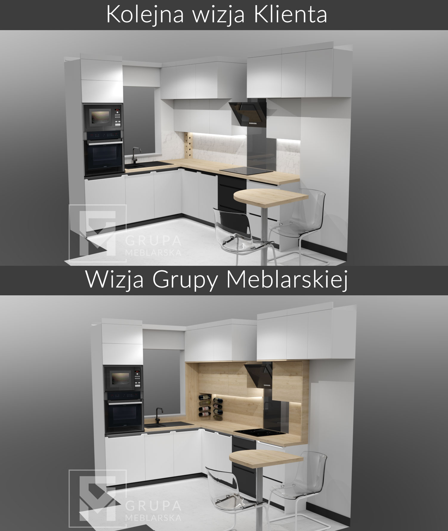 Wizualizacja 3d klasycznej i nowoczesnej wersji kuchni